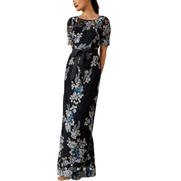 Adrianna Papell Angeline Dress Navy Lace Short Sleeve Long Gown Dress NWT Sz 10 - Picture 1 of 9